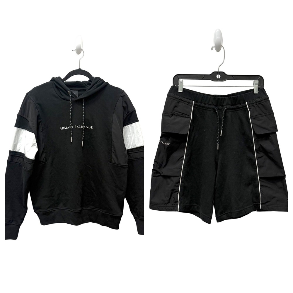 Armani Exchange Mens Black White Colorblock Hoodie and Cargo Shorts Set‎ Small